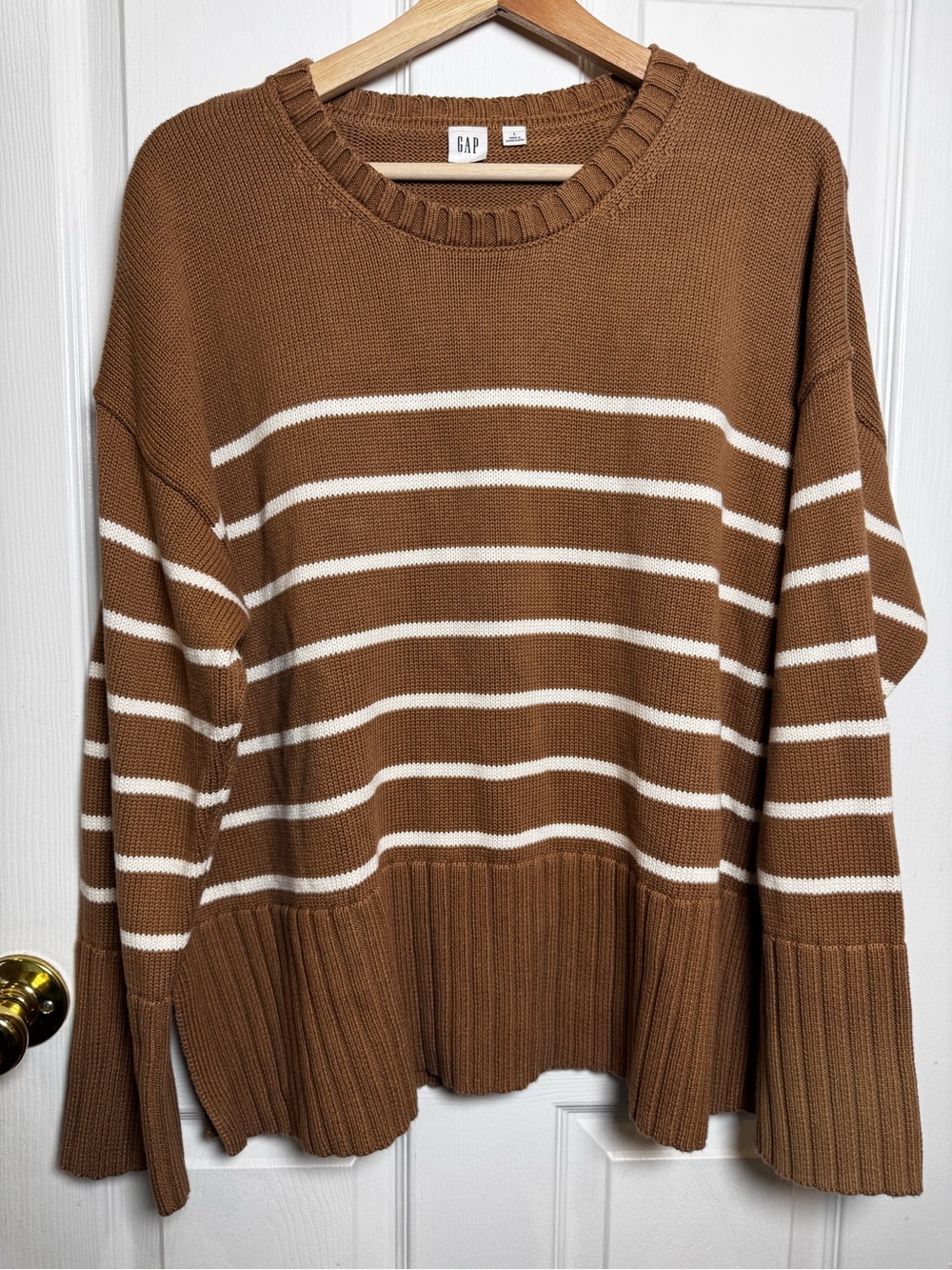 Gap 100% Cotton Tan White Striped Oversized Crewneck Sweater Large Classic